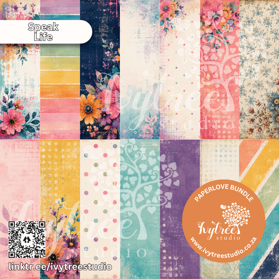 A digital preview of a scrapbooking paper bundle titled 'Speak Life' by Kytrees Studio, featuring twelve vertical strips of vintage-style patterned paper in pastel and bright colors including pink, yellow, teal, purple, orange, and floral designs. A prominent orange circular badge on the right reads 'PAPERLOVE BUNDLE' with the Kytrees Studio logo and website.