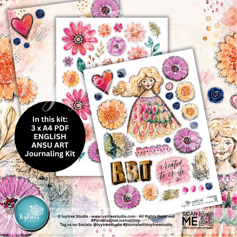 Artistic journaling kit with illustrations of flowers, hearts, and a girl, featuring the Hyvtrt Studio branding.
