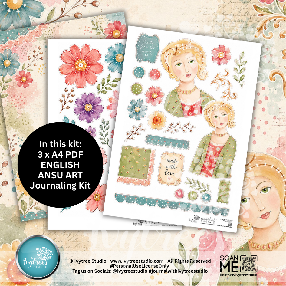 Ivy Tree Studio art journaling kit with floral and portrait designs on a decorative background.