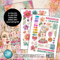 Art journaling kit with floral and portrait designs, featuring a woman's face and decorative elements.