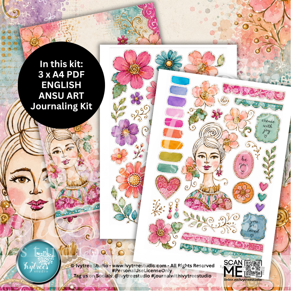 Art journaling kit with floral and portrait designs, featuring a woman's face and decorative elements.