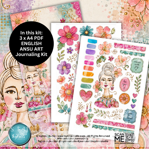 Art journaling kit with floral and portrait designs, featuring a woman's face and decorative elements.