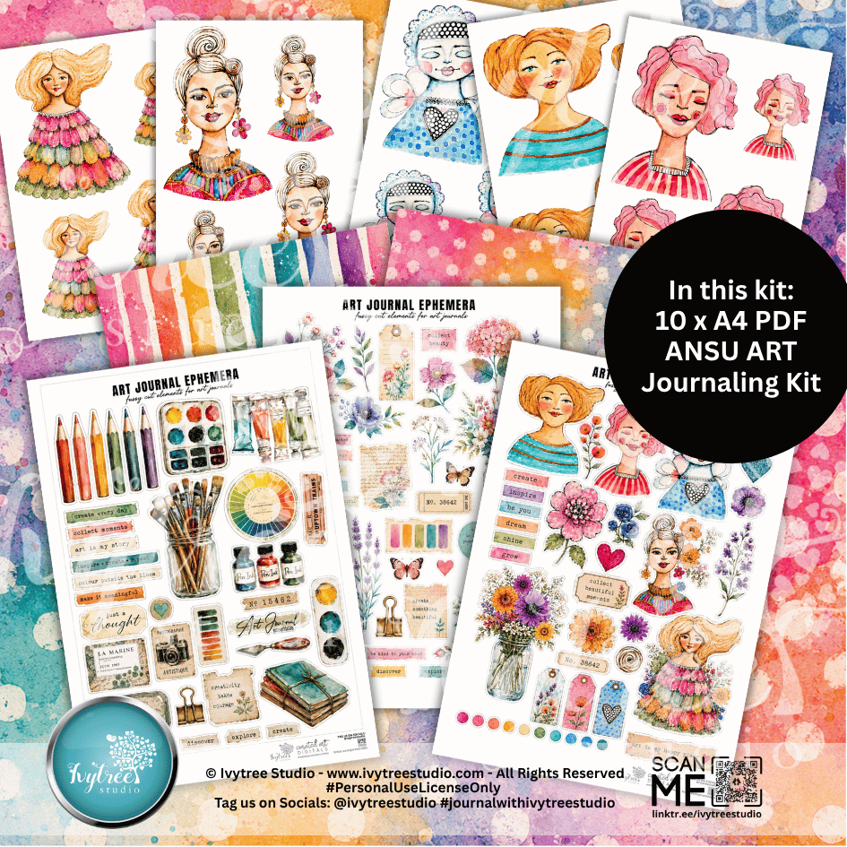 Art journaling kit with various designs and colorful elements on a multicolored background.
