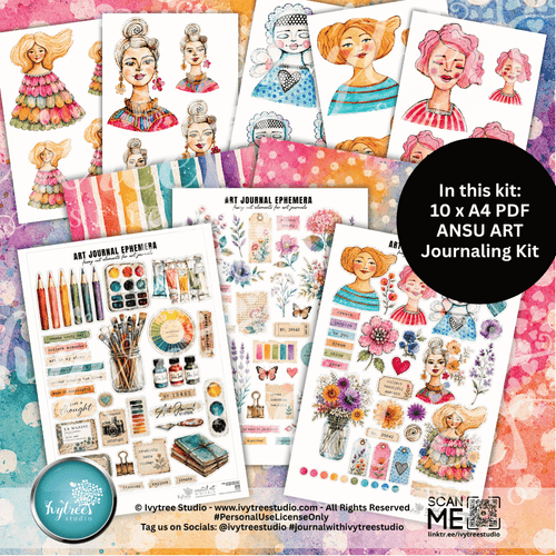 Art journaling kit with various designs and colorful elements on a multicolored background.