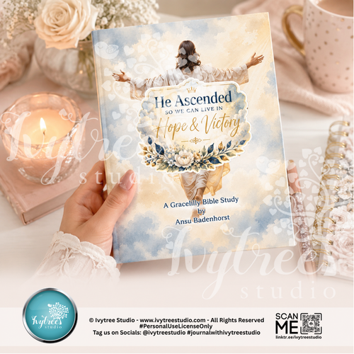 Book titled 'He Ascended So We Can Live in Hope & Victory' held by a hand with a candle and flowers in the background.