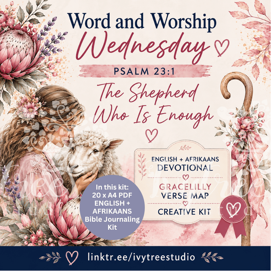 Promotional graphic for a Bible journaling kit titled 'Word and Worship Wednesday: Psalm 23:1 The Shepherd Who Is Enough'. The design features a watercolor illustration of a woman holding a sheep, surrounded by pink protea flowers and a wooden shepherd's crook.