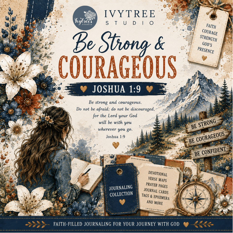 A designed cover-style graphic for a devotional journaling collection titled 'Be Strong & Courageous' with Joshua 1:9. The layout includes floral artwork, a woman writing in a journal, mountains, wooden signs, a compass, and text blocks.