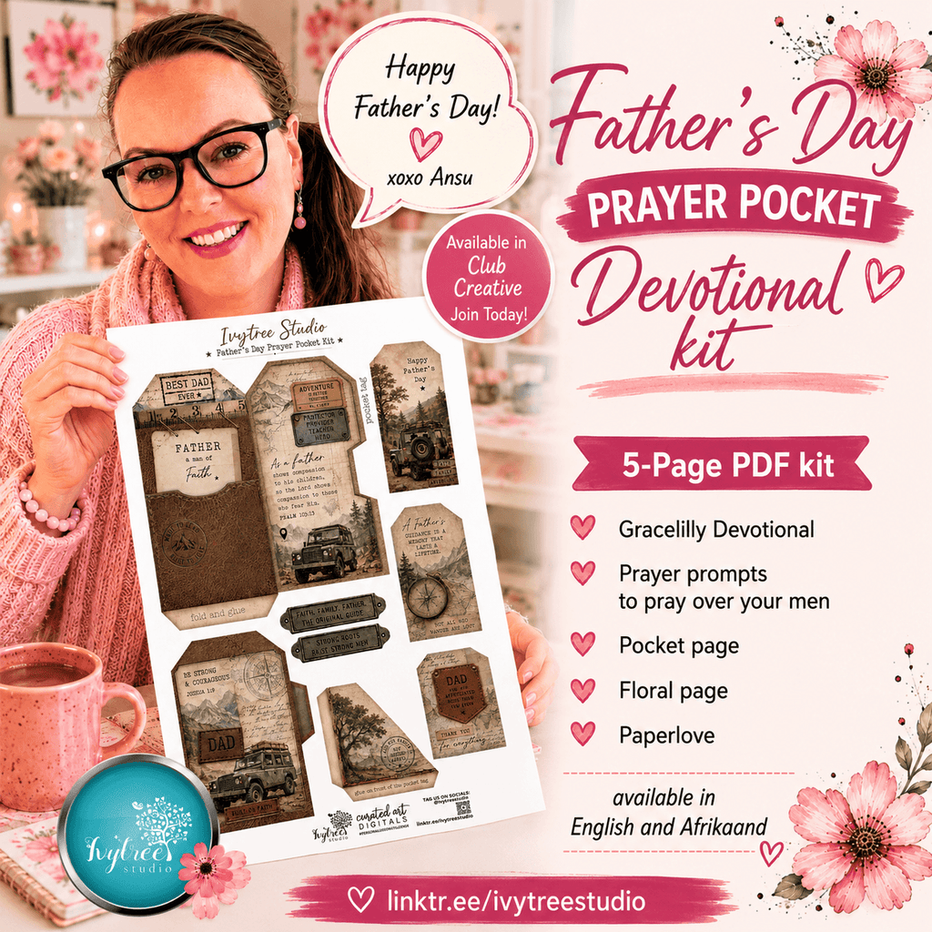 A promotional graphic for a Father's Day prayer pocket devotional kit. A smiling woman in glasses holds a printed sheet with vintage-style prayer card designs.