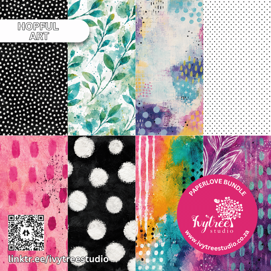 A 2x3 grid of six abstract patterned paper designs with black-and-white polka dots, green leafy branches, pastel watercolor washes, pink polka dots, white polka dots on black, and a bright multicolor watercolor design. A pink circular badge reads 'PAPERLOVE BUNDLE' with 'Ivytrees studio' and website text, plus 'HOPFUL ART' in the top left.