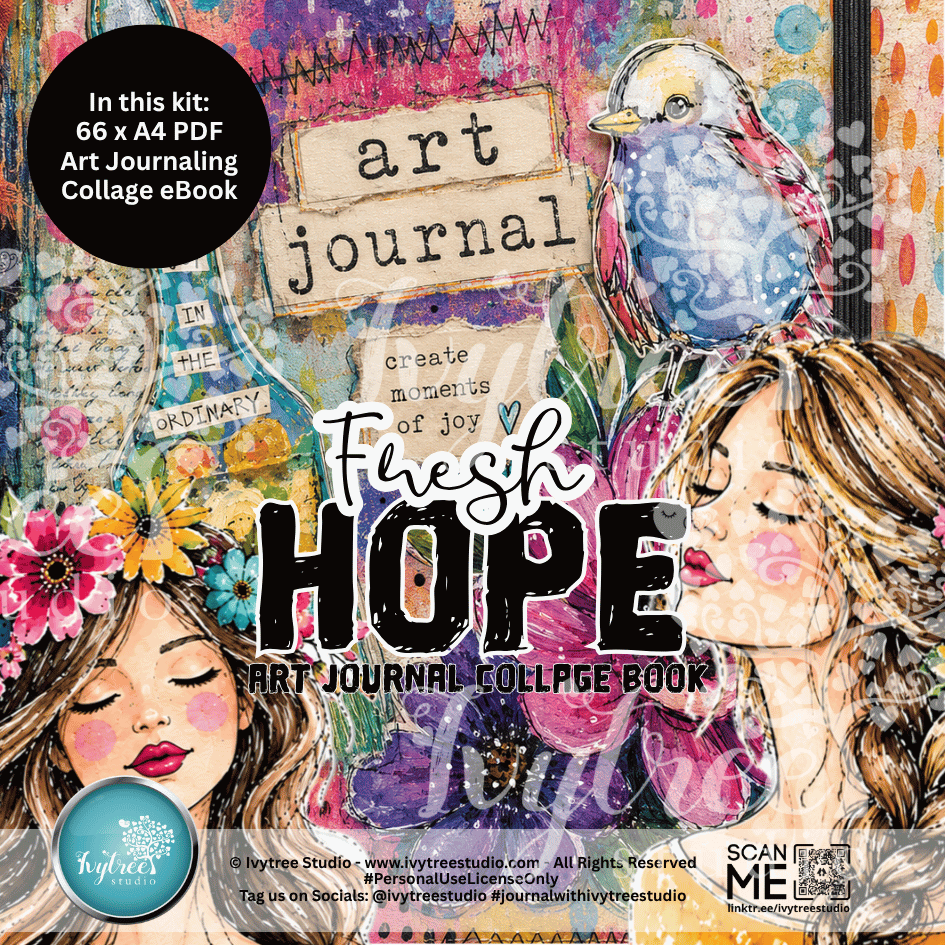 Promotional graphic for a collage art journaling eBook kit titled 'Fresh HOPE Art Journal Collage Book' by Kyte Studio. The design features a colorful, textured collage background with illustrations of two women, a blue bird, flowers, and text elements.