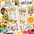 Promotional graphic for a printable ephemeris kit by Ivytree Studio, showing two decorated sheet designs with sunflowers, hearts, and inspirational text in English and Afrikaans, plus a collectable flow set badge and website text.