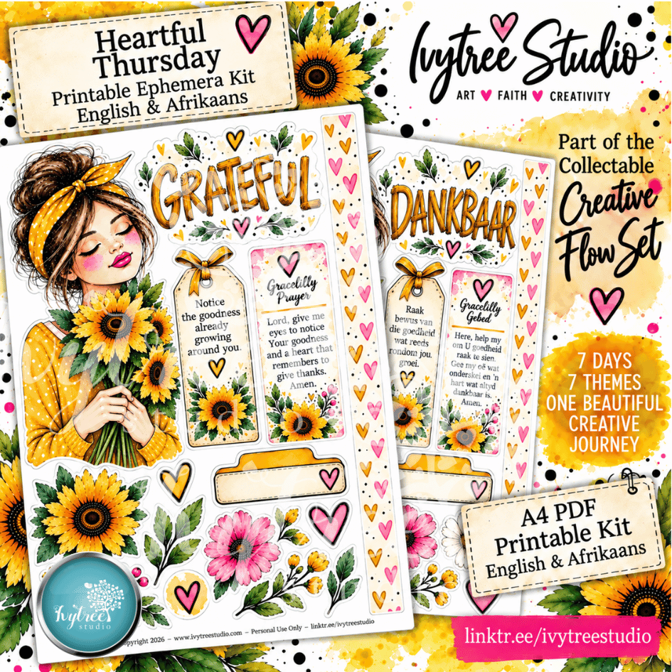 Promotional graphic for a printable ephemeris kit by Ivytree Studio, showing two decorated sheet designs with sunflowers, hearts, and inspirational text in English and Afrikaans, plus a collectable flow set badge and website text.