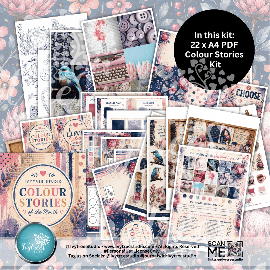 A collage-style promotional graphic for a digital planner sticker or scrapbook paper kit titled 'In this kit: 22 x A4 PDF Colour Stories Kit.' Multiple decorative paper sheets, stickers, buttons, ribbons, and floral patterned backgrounds are arranged together, with branding and text overlays including 'Ivytree Studio' and 'Colour Stories of the Month.