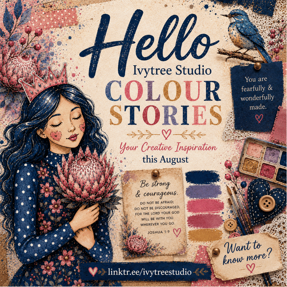 A stylized illustrated poster with the text 'Hello Ivytree Studio COLOUR STORIES' and 'Your Creative Inspiration this August.' The design shows a woman with long dark blue hair holding a pink protea flower, surrounded by paint swatches, a bird, buttons, a notebook, and other decorative art supplies on a textured cream background.