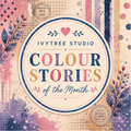 A square graphic cover for 'Colour Stories of the Month' by Ivytree Studio, featuring a central cream-colored circular badge with blue and pink text, surrounded by a colorful abstract background with watercolor splashes, stripes, and botanical illustrations.