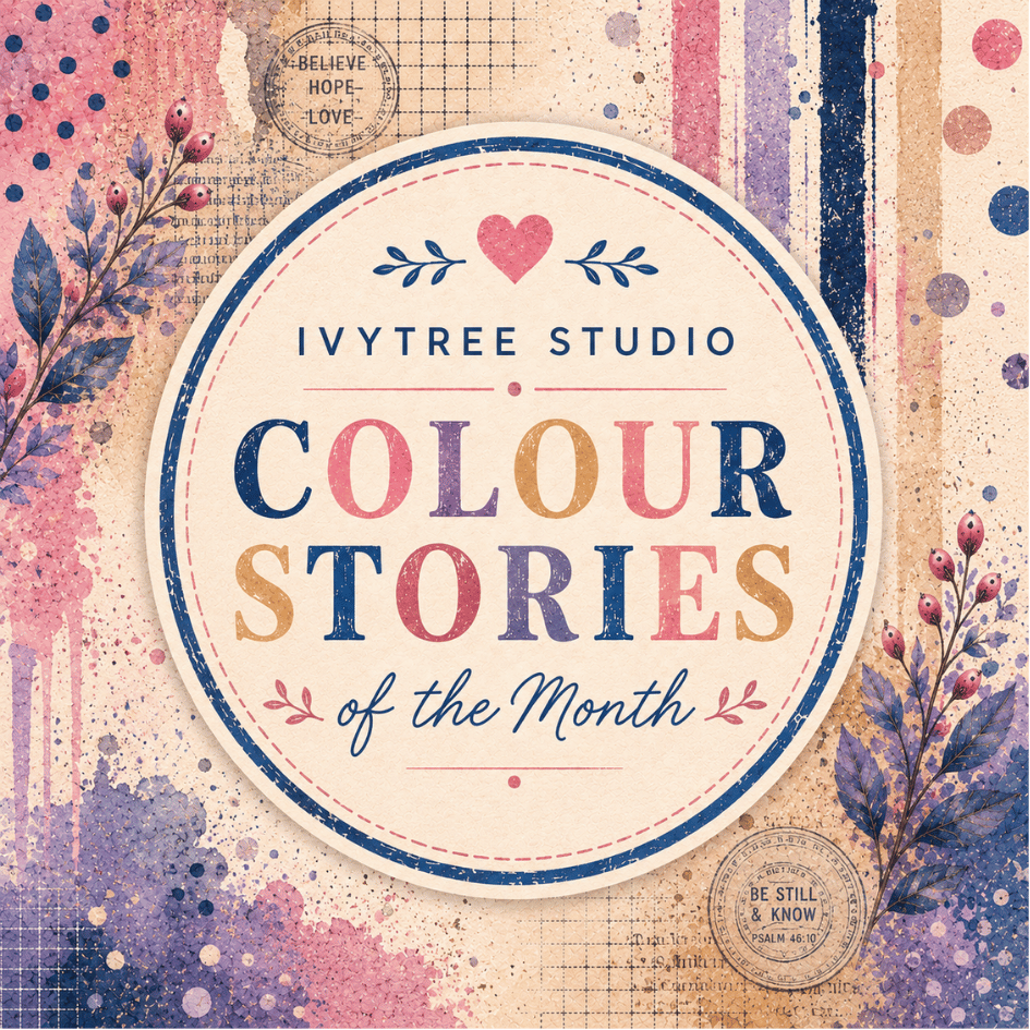 A square graphic cover for 'Colour Stories of the Month' by Ivytree Studio, featuring a central cream-colored circular badge with blue and pink text, surrounded by a colorful abstract background with watercolor splashes, stripes, and botanical illustrations.
