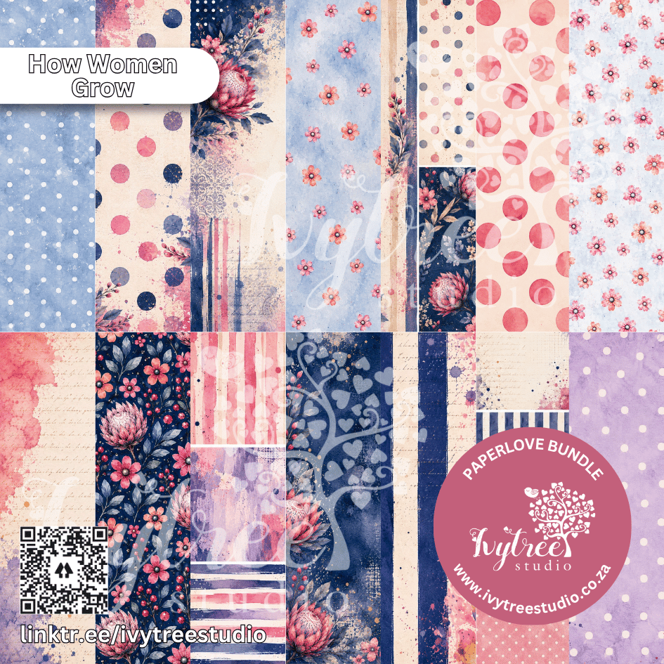 A collage of multiple patterned paper designs in soft pastel tones, including florals, polka dots, stripes, and watercolor textures. Text overlays read 'How Women Grow' and 'PAPERLOVE BUNDLE' with the brand 'Ivytrees studio' and website shown in a pink circle.