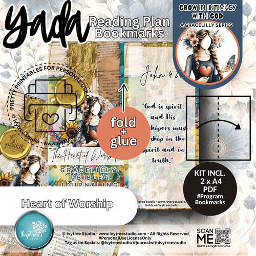 Promotional image of 'Heart of Worship' reading plan bookmarks with branding and product details.