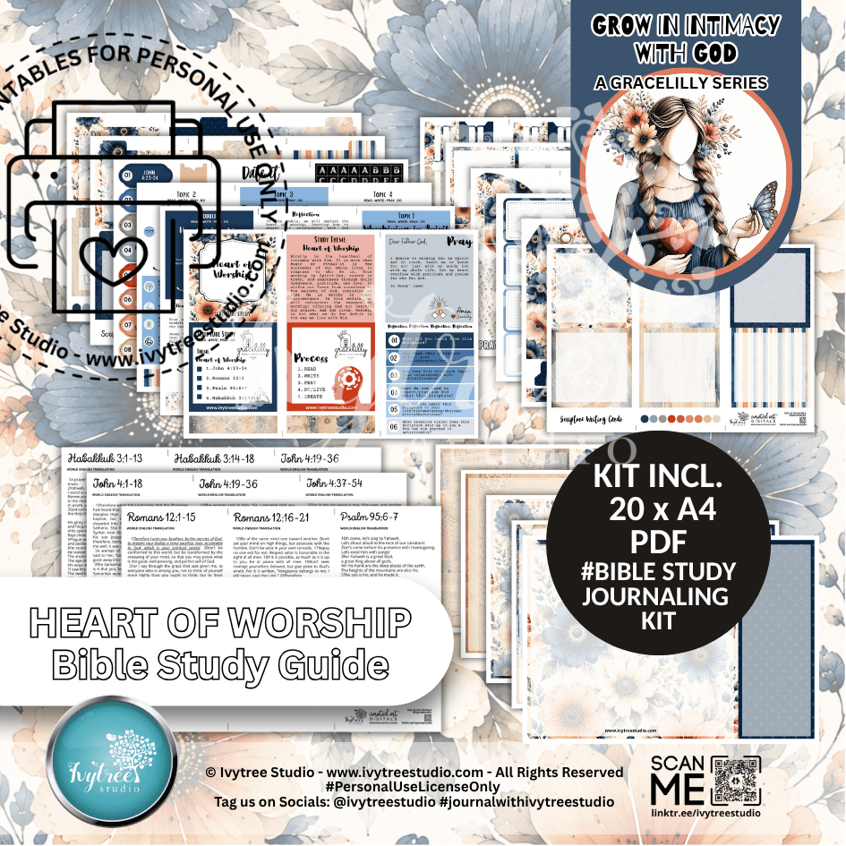 Bible study journaling kit with various components on a decorative background