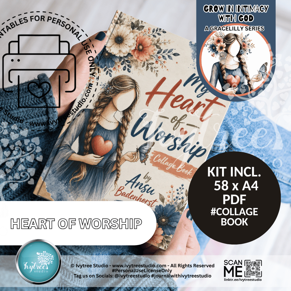 Collage book titled 'My Heart of Worship' held by a person, with promotional text and branding elements.