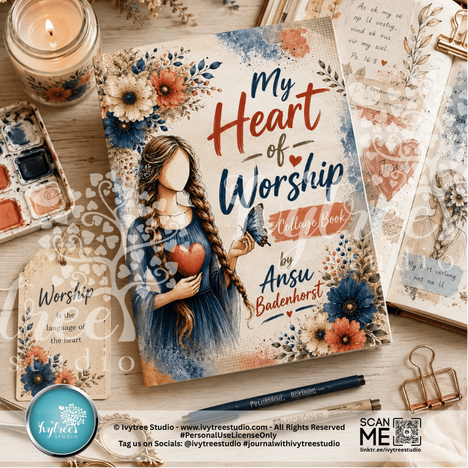 Collage book titled 'My Heart of Worship' by Ansu Badenhorst on a wooden surface with decorative elements.