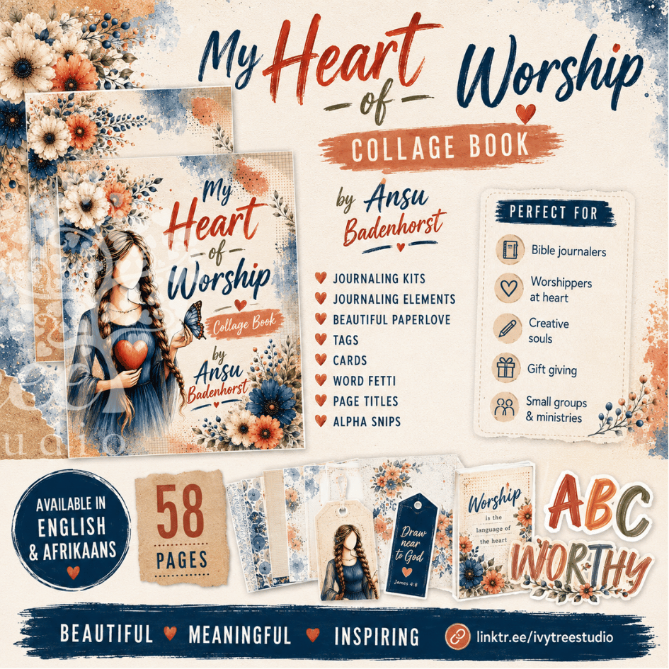 Collage book promotional image with floral designs and text about 'My Heart of Worship' by Ansu Badenhorst.