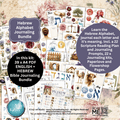 Hebrew Alphabet Journaling Bundle with various pages and promotional text on a floral background.