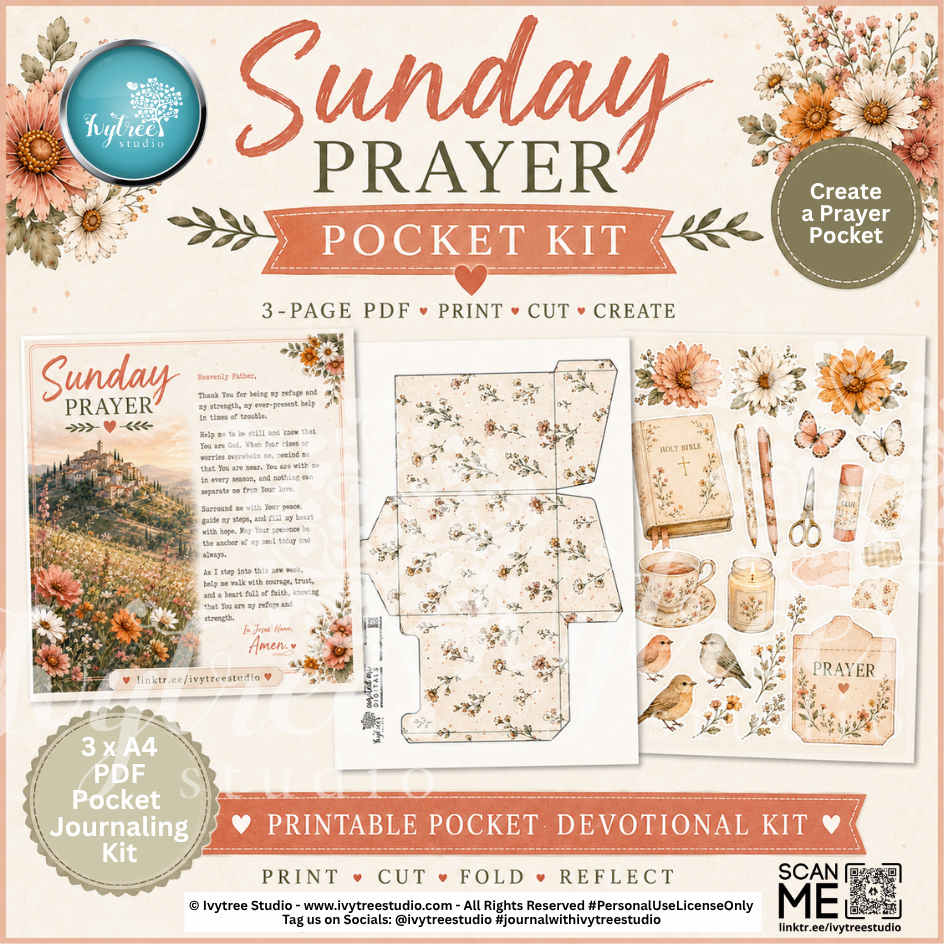 Sunday Prayer Pocket Kit packaging with floral designs and text on a light background