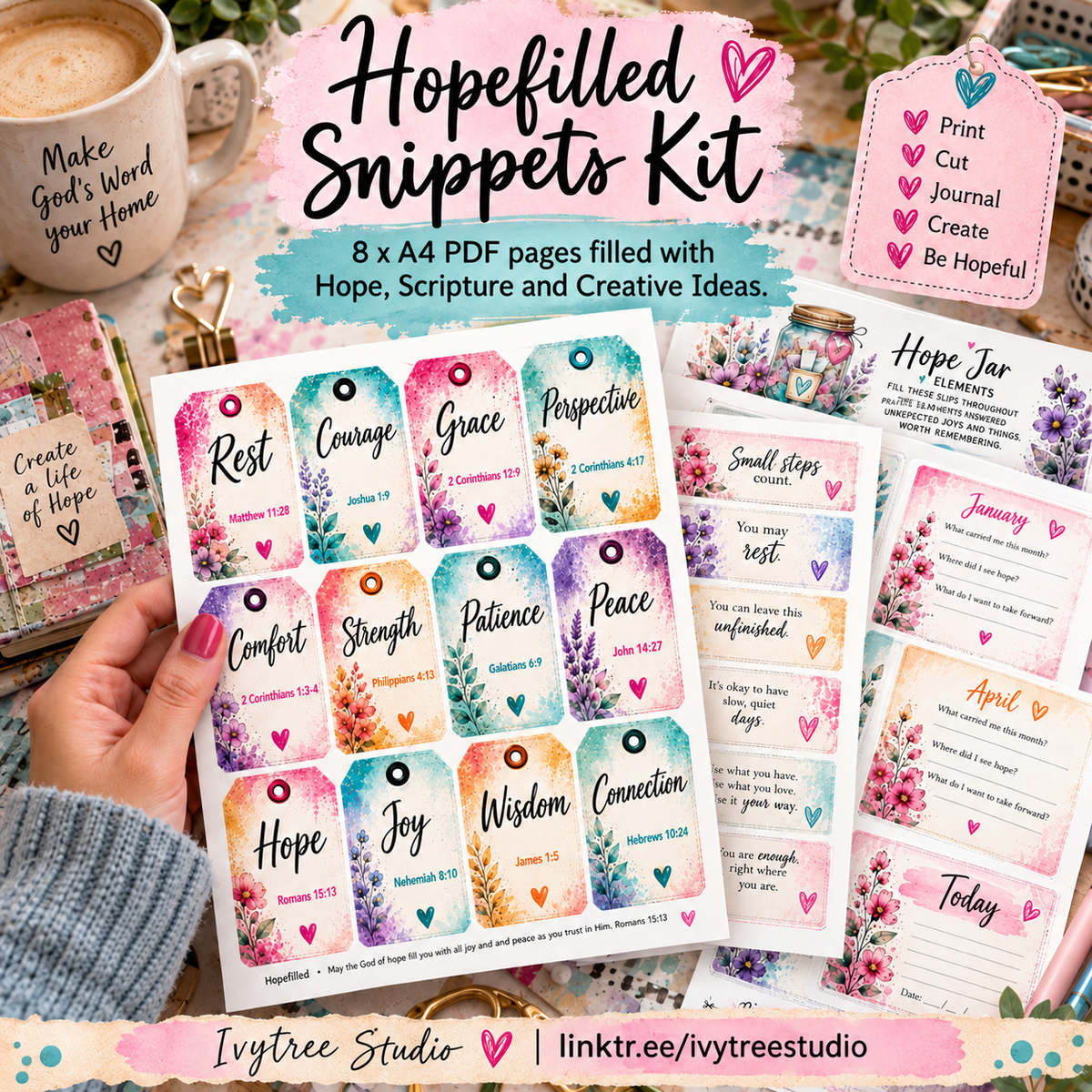 A hand holds a sheet of colorful planner stickers from the 'Hopefilled Snippets Kit' by Ivytree Studio. The sheet features watercolor-style tags with words like 'Rest', 'Courage', 'Grace', and 'Hope' decorated with small hearts and floral designs.