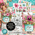 A collage-style product preview for a Bible journaling kit featuring floral illustrations, pastel watercolor designs, sample pages, and text such as 'Hoop Woon Hier,' 'Hope Woon Here,' and 'Hope Lives Here.' The layout includes multiple printed sheet previews, decorative flowers, a cartoon girl illustration, and a circular black callout reading 'In this kit: 9 x A4 PDF Bible Journaling ENGLISH + AFRIKAANS Kit.