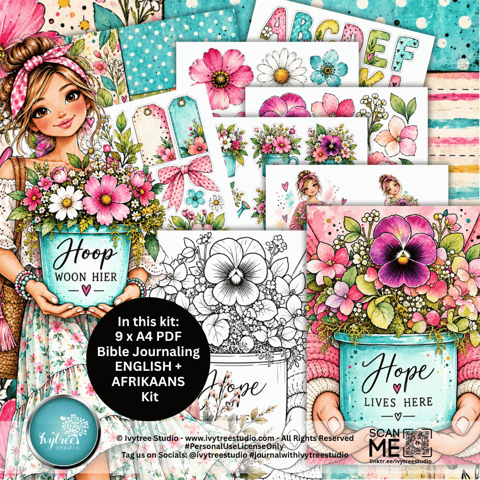A collage-style product preview for a Bible journaling kit featuring floral illustrations, pastel watercolor designs, sample pages, and text such as 'Hoop Woon Hier,' 'Hope Woon Here,' and 'Hope Lives Here.' The layout includes multiple printed sheet previews, decorative flowers, a cartoon girl illustration, and a circular black callout reading 'In this kit: 9 x A4 PDF Bible Journaling ENGLISH + AFRIKAANS Kit.