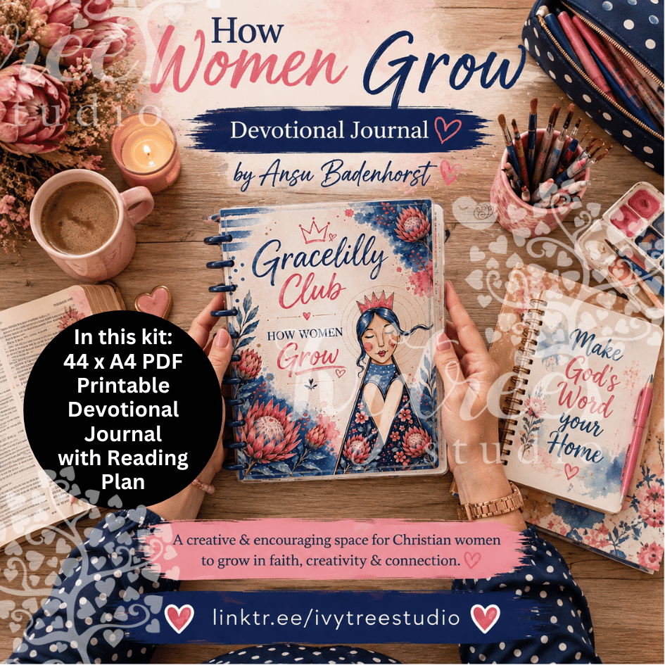 A styled flat-lay of a devotional journal kit titled 'How Women Grow' by Ansu Badenhorst, featuring a central hardcover journal with floral illustrations and a woman's portrait, alongside a matching pocket notebook and other stationery on a wooden surface. Text overlays describe the kit contents and branding.