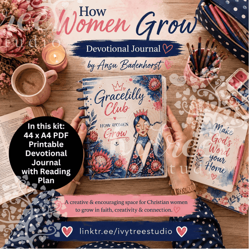 A styled flat-lay of a devotional journal kit titled 'How Women Grow' by Ansu Badenhorst, featuring a central hardcover journal with floral illustrations and a woman's portrait, alongside a matching pocket notebook and other stationery on a wooden surface. Text overlays describe the kit contents and branding.
