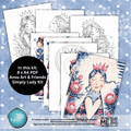 A digital product mockup showing a fan of printable art sheets for an 'Ansu Art & Friends Simply Lady Kit' by Ivytree Studio. The sheets feature black and white line art illustrations of young women with crowns, while one sheet in the foreground displays a completed colorful illustration with blue watercolor, pink flowers, and a red crown.