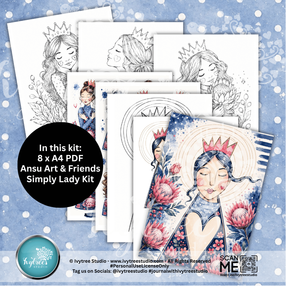A digital product mockup showing a fan of printable art sheets for an 'Ansu Art & Friends Simply Lady Kit' by Ivytree Studio. The sheets feature black and white line art illustrations of young women with crowns, while one sheet in the foreground displays a completed colorful illustration with blue watercolor, pink flowers, and a red crown.