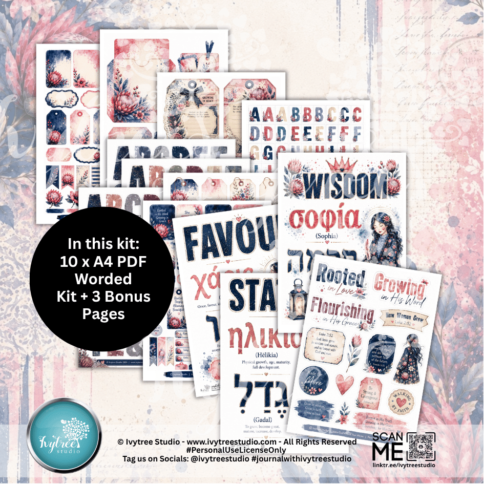 A collage of decorative printable sheets and cover pages for a digital paper kit, with a black circular callout reading 'In this kit: 10 x A4 PDF Colour Stories Kit + 3 Bonus Pages.' The designs feature vintage-style typography, illustrations, and text such as 'WISDOM GOOFIA,' 'FAVOURITE STARS,' and 'Rooted Growing on the Vine.