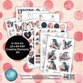A collage of decorative printed sheets and stickers showing floral, bird, heart, and pattern designs, with a black circular callout reading 'In this kit: 10 x A4 PDF Creative Elements Kit.' The background is a pink patterned surface, and branding for Hytree Studio appears at the bottom.