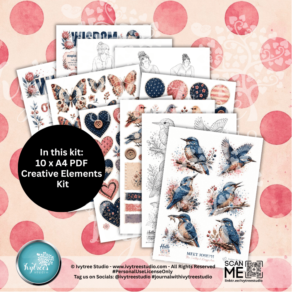 A collage of decorative printed sheets and stickers showing floral, bird, heart, and pattern designs, with a black circular callout reading 'In this kit: 10 x A4 PDF Creative Elements Kit.' The background is a pink patterned surface, and branding for Hytree Studio appears at the bottom.