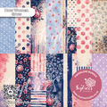 A collage of multiple fabric or paper pattern swatches in soft pink, blue, navy, cream, and purple tones, with floral, polka dot, striped, and watercolor designs. Text overlays read 'How Women Grow,' 'PAPERLOVE BUNDLE,' 'Ivytrees studio,' and show a QR code and website.