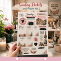 A hand holds a printed 'Sunday Pockets & Prayer' card in a beautifully decorated craft room. The card features a bohemian design with pink hearts, black text, cactus illustrations, and scripture verses.