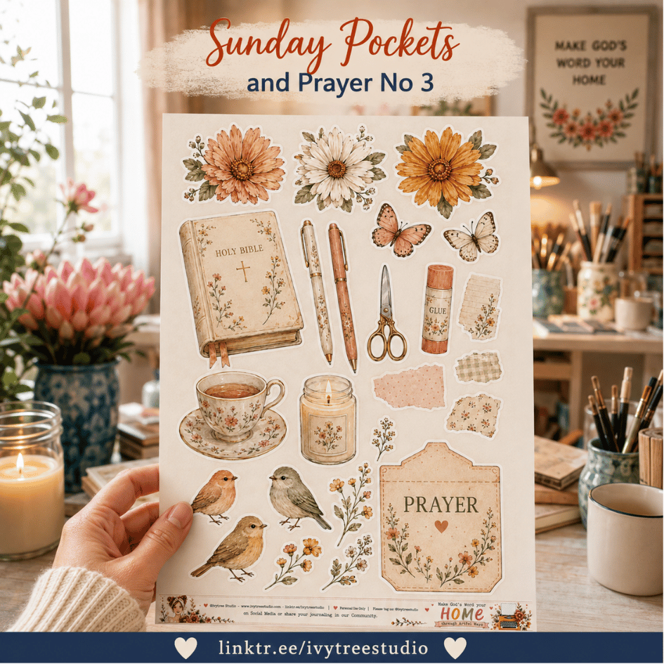A hand holds a printed sheet of decorative sticker-like graphics and text for 'Sunday Pockets and Prayer No 3' in a cozy home office setting. The sheet includes floral motifs, a Bible, scissors, a cup of tea, a candle, birds, butterflies, and a prayer label.