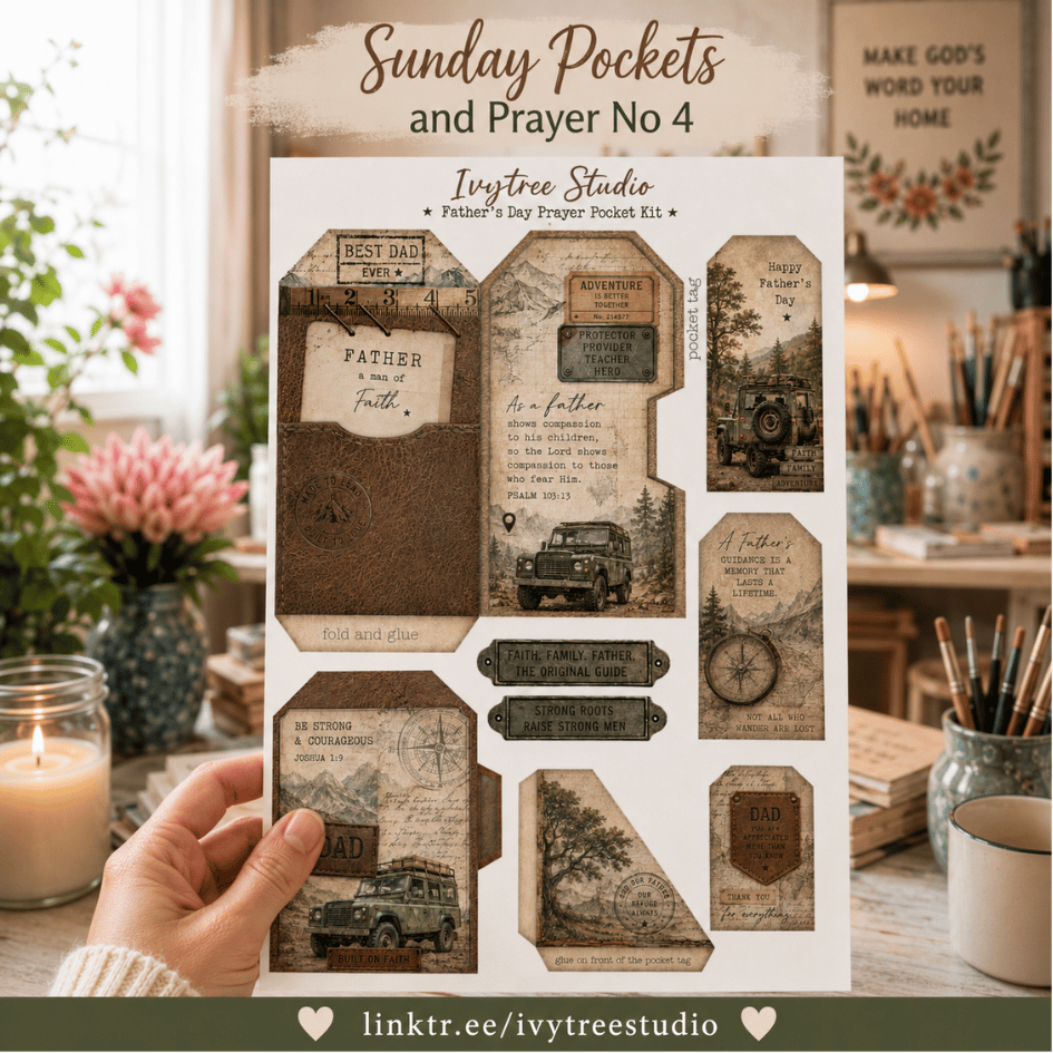A hand holds a printed DIY prayer card kit with multiple vintage-style pocket and label designs. The card reads 'Sunday Pockets and Prayer No 4' and shows the brand 'Ivystree Studio.