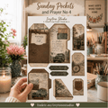 A hand holds a printed DIY prayer card kit with multiple vintage-style pocket and label designs. The card reads 'Sunday Pockets and Prayer No 4' and shows the brand 'Ivystree Studio.