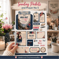 A hand holds a printed sheet of decorative pocket cards and prayer labels titled 'Sunday Pockets and Prayer No 5' in a softly lit home interior. The sheet features vintage-style floral and illustration designs in navy, cream, pink, and red, with text such as 'Hold Fast,' 'Confession,' 'Hope,' and 'Faith.
