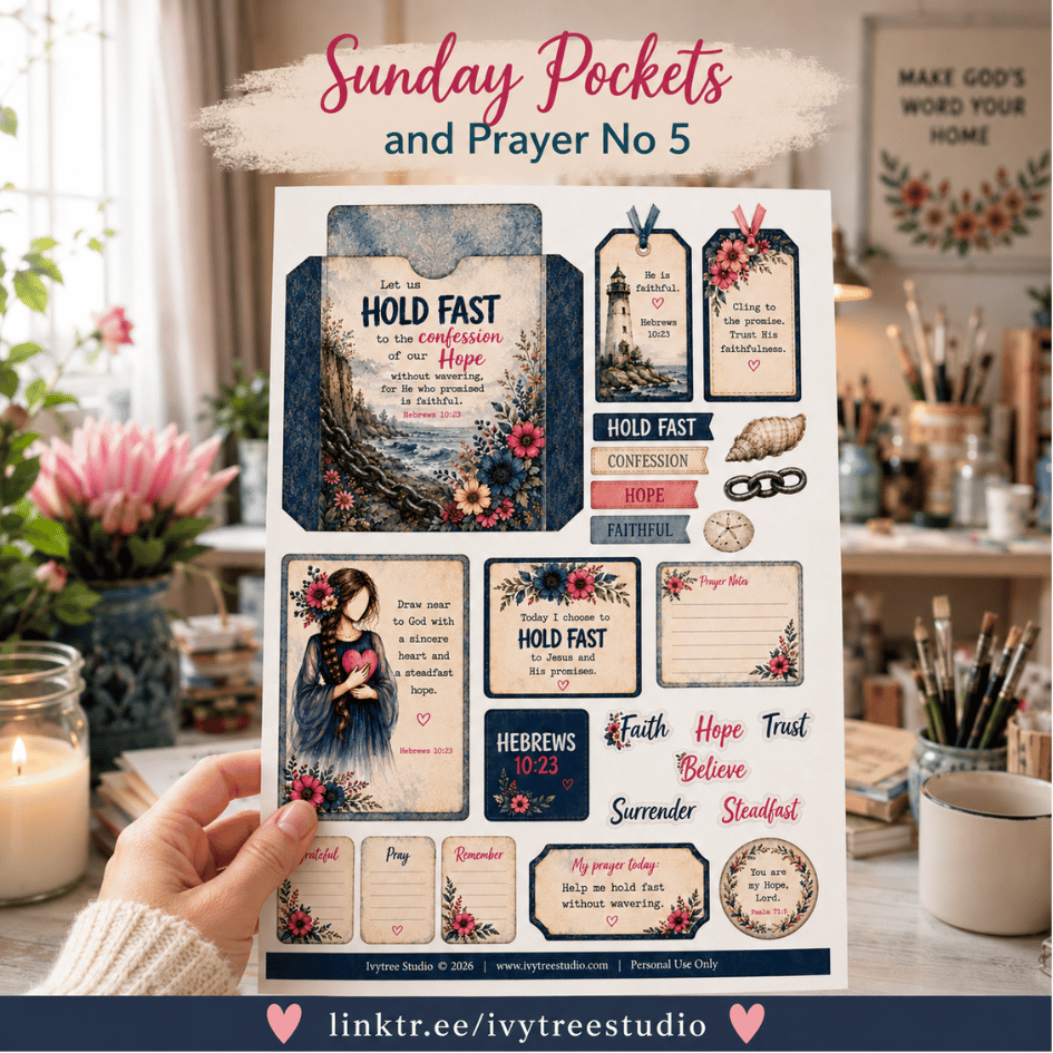 A hand holds a printed sheet of decorative pocket cards and prayer labels titled 'Sunday Pockets and Prayer No 5' in a softly lit home interior. The sheet features vintage-style floral and illustration designs in navy, cream, pink, and red, with text such as 'Hold Fast,' 'Confession,' 'Hope,' and 'Faith.