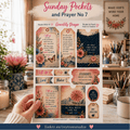 A hand holds a printed pocket card set titled 'Sunday Pockets and Prayer No 7' in a cozy, decorated craft or study environment. The cards feature vintage-style illustrations of pink flowers, butterflies, and scenic backgrounds, with inspirational Bible verses and prayer text.