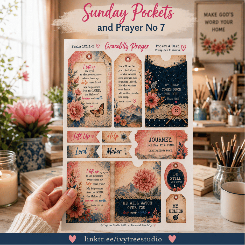 A hand holds a printed pocket card set titled 'Sunday Pockets and Prayer No 7' in a cozy, decorated craft or study environment. The cards feature vintage-style illustrations of pink flowers, butterflies, and scenic backgrounds, with inspirational Bible verses and prayer text.