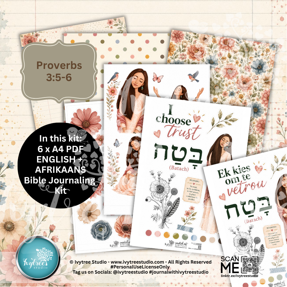 Bible journaling kit with floral designs, text, and a woman's face on a textured background.