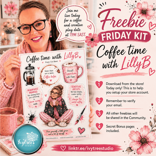 Woman holding a product with 'Coffee time with LillyB' branding, promotional text for a freebie kit, and decorative elements.