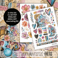 Art journaling kit with colorful illustrations and text on a textured background